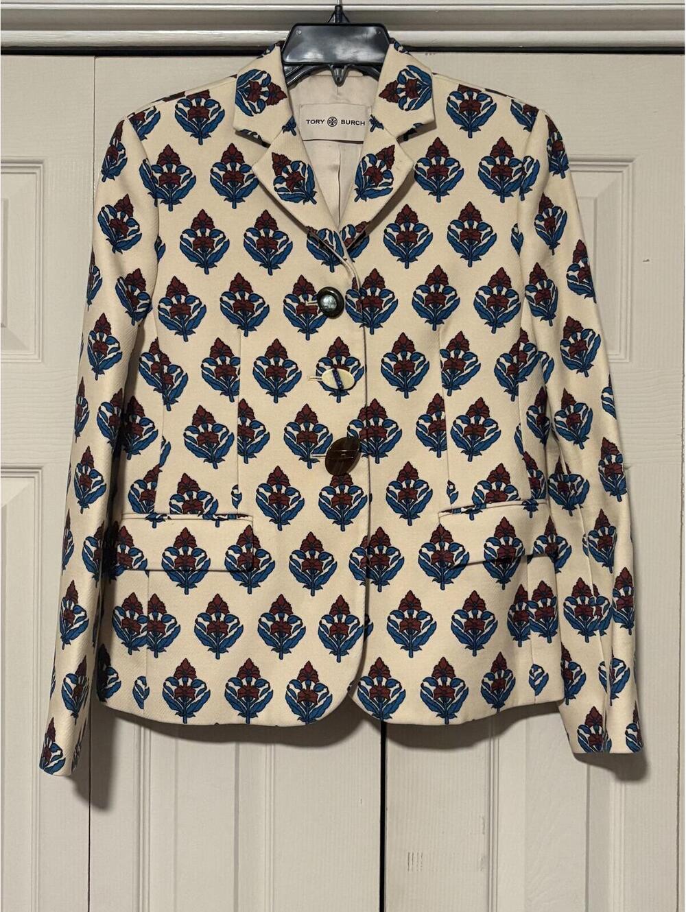 Tory Burch White & Multicolor Printed Twill Crepe Jacket - Picture 2 of 9
